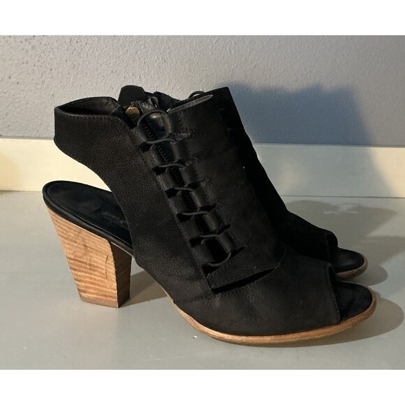 Paul Green Mindy Block Heel Bootie Peep Toe Sandals Black Suede Leather Size 6.5 - Picture 2 of 6